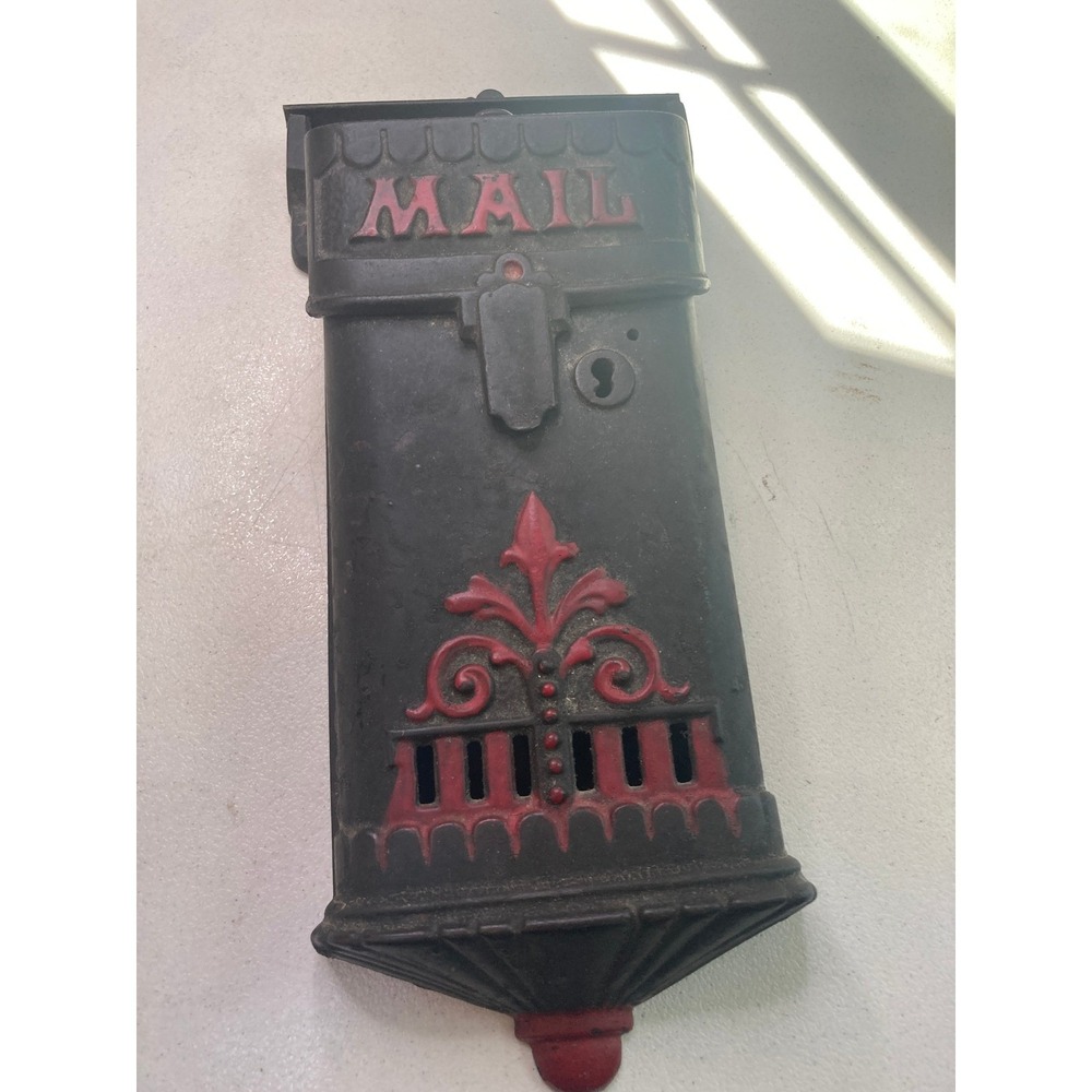 Vintage Cast Iron Wall Mount Mailbox Black Red Ornate Fleur De Lis Letter Box